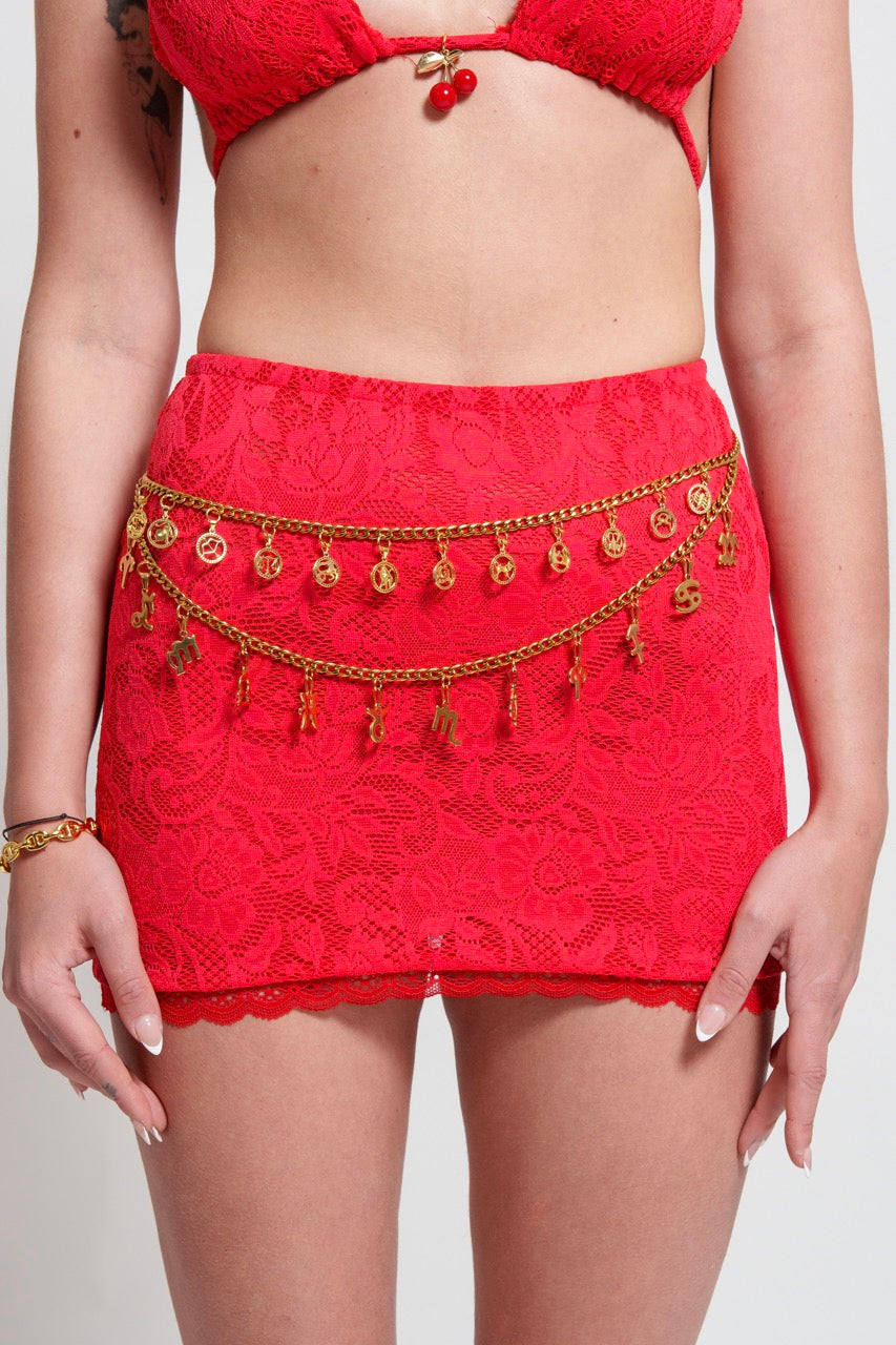 high rise lace skirt -red
